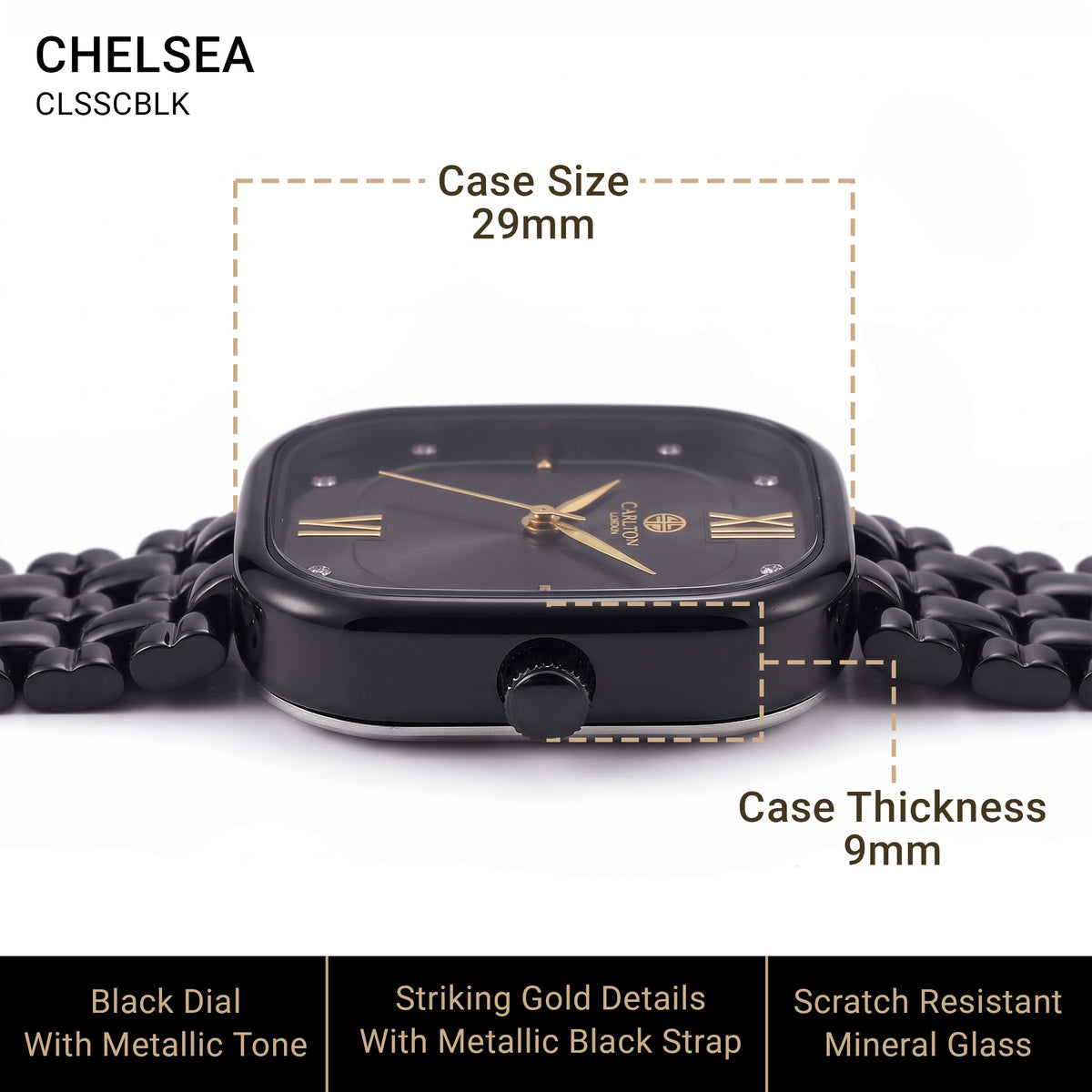 Carlton London Chelsea Women’s Watch Black Square Dial, Black Stainless Steel Strap – CLSSCBLK
