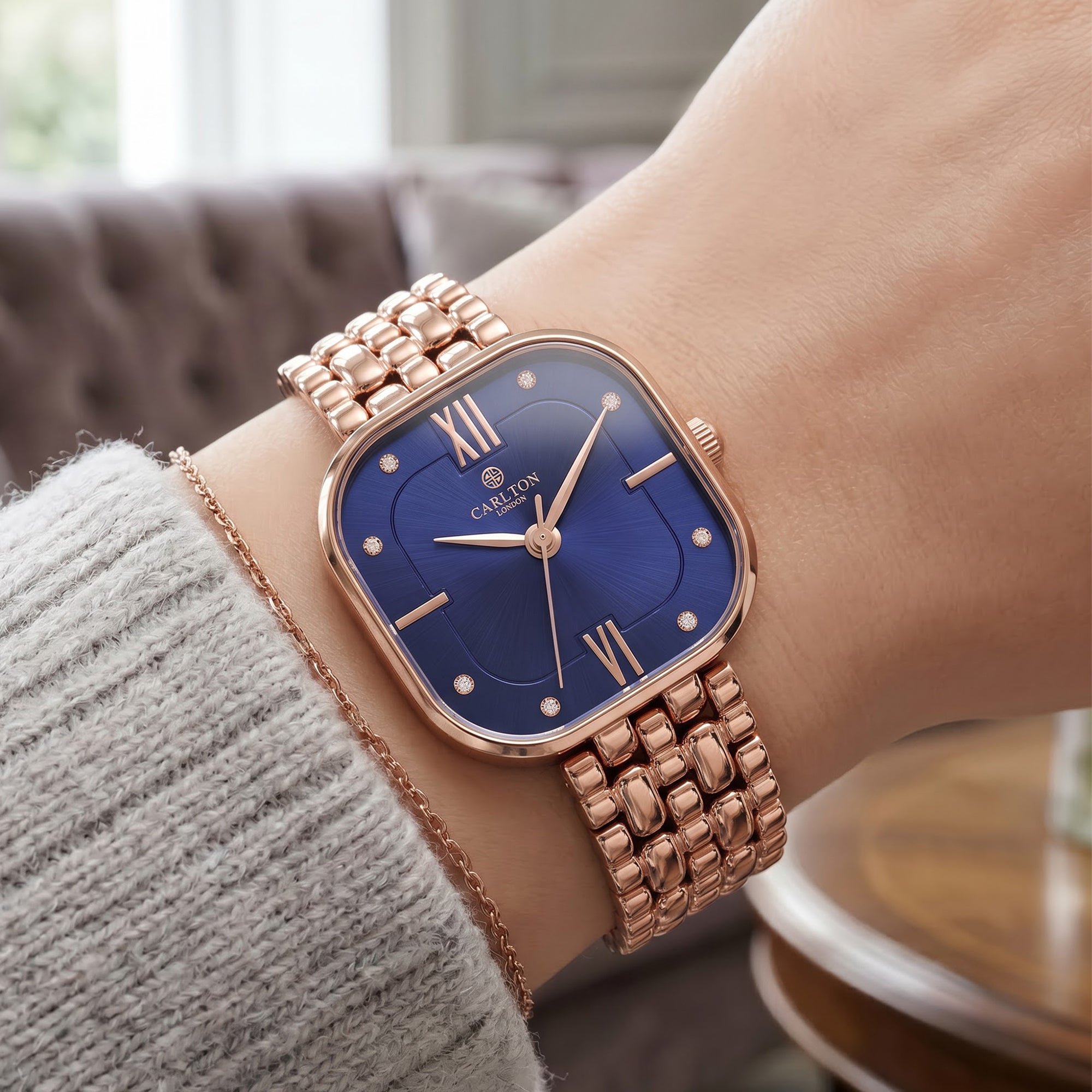 Carlton London Chelsea Women’s Watch – Blue Square Dial, Rose Gold Stainless Steel Strap – CLSSCBLU