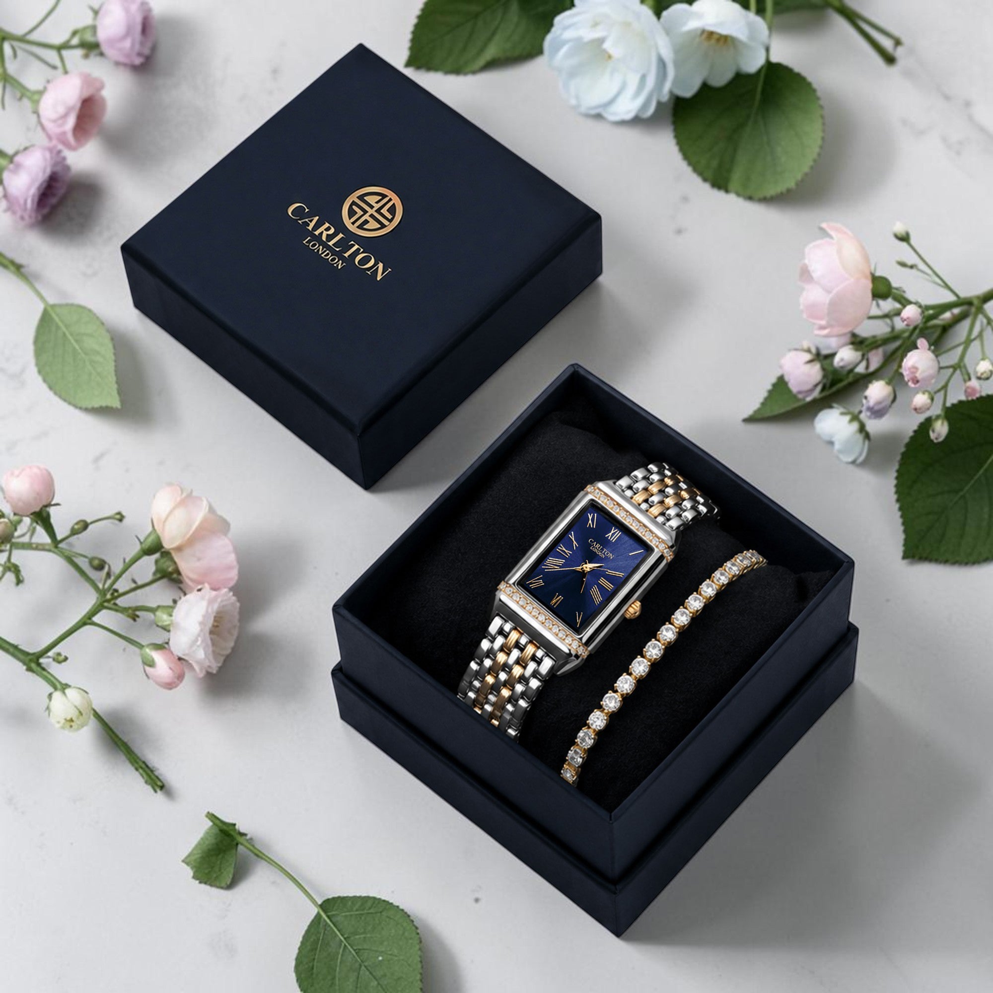 Carlton London Amara Women’s Gift Set – Navy Blue Dial Watch with Tennis Bracelet, Two Tone – CLPLG126