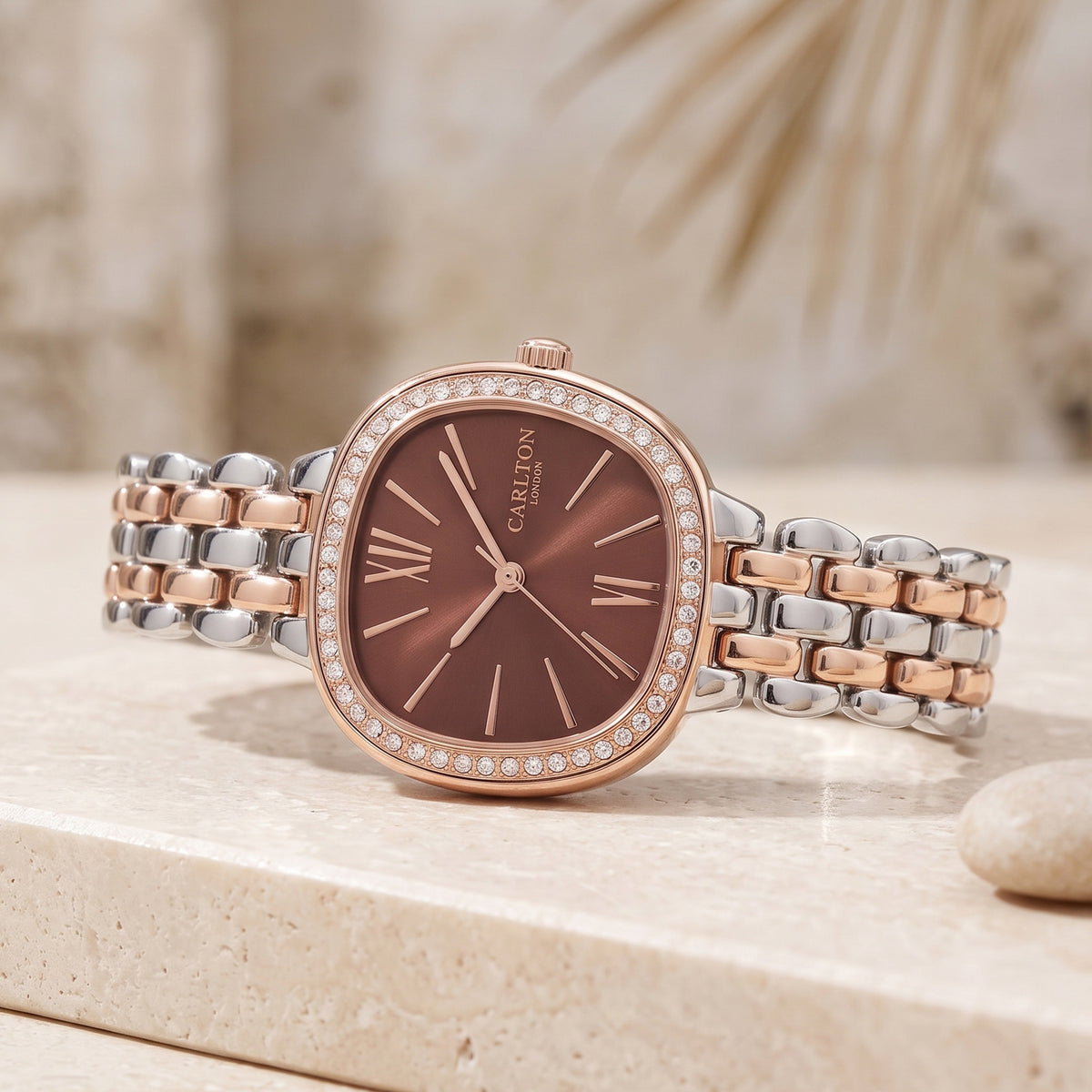 Carlton London Maisie Women’s Watch - Dark Coral Rectangle Dial, Dual Tone Stainless Steel Strap - MSDTCRL