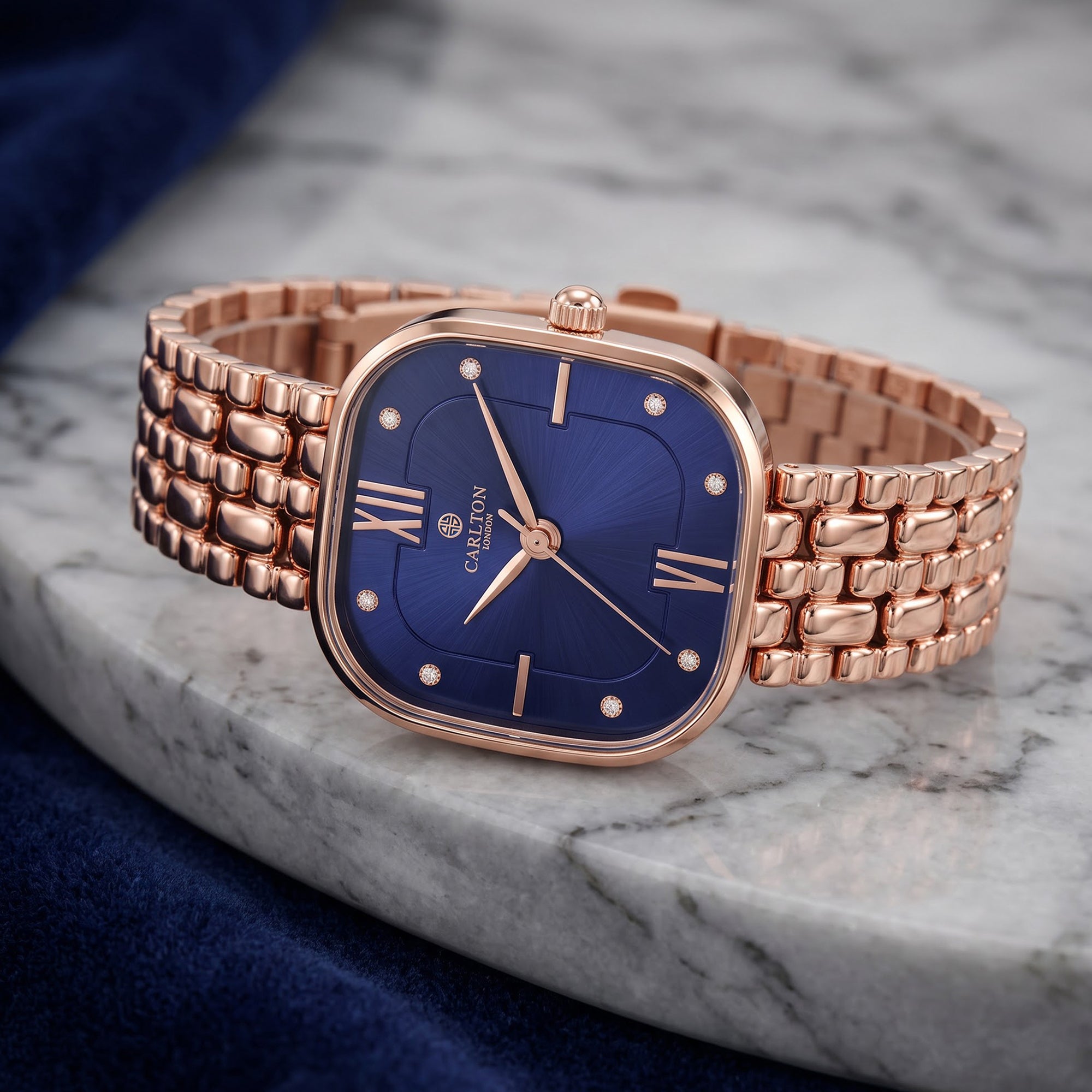 Carlton London Chelsea Women’s Watch – Blue Square Dial, Rose Gold Stainless Steel Strap – CLSSCBLU