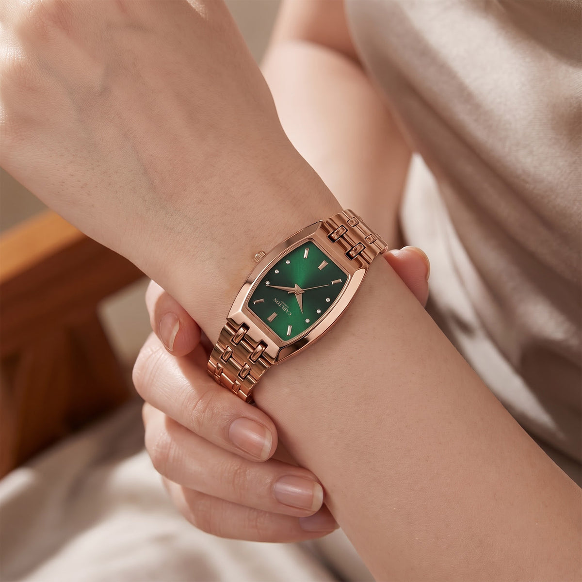 Carlton London Catherine Women’s Watch - Green Rectangle Dial, Rose Gold Stainless Steel Strap - CL-CT-RGRN