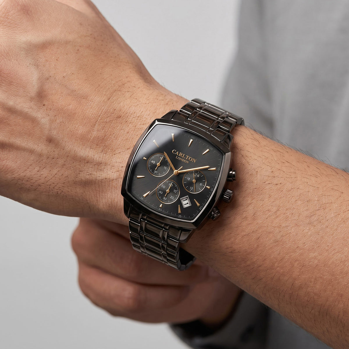 Carlton London Sterling Men’s Watch - Black Square Dial, Black Stainless Steel Strap - CLSTABLK