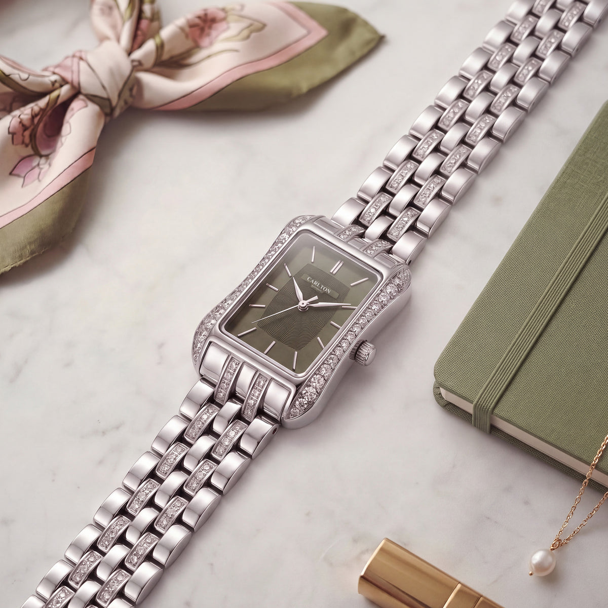 Carlton London Vivienne Women’s Watch - Olive Green Rectangle Dial, Silver Stainless Steel Strap - CLVVSGRN