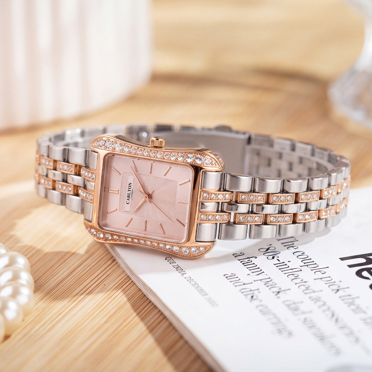 Carlton London Vivienne Women’s Watch - Pink Rectangle Dial, Dual Tone Stainless Steel Strap - CLVVDPNK