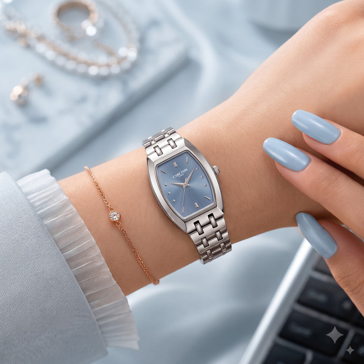 Carlton London Catherine Women’s Watch - Blue Rectangle Dial, Silver Stainless Steel Strap - CL-CT-SBLU