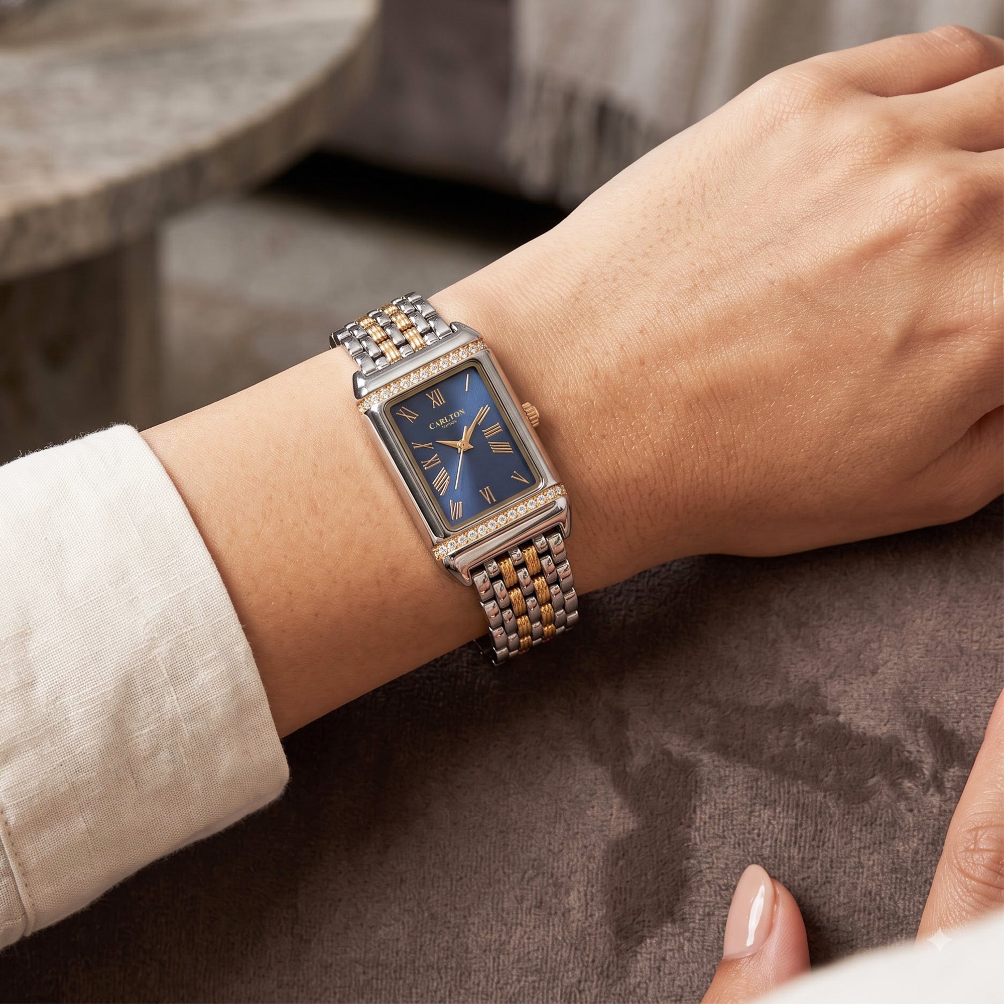 Carlton London Amara Women’s Watch – Sky Blue Rectangle Dial, Metal Strap – CL-AM-SKY