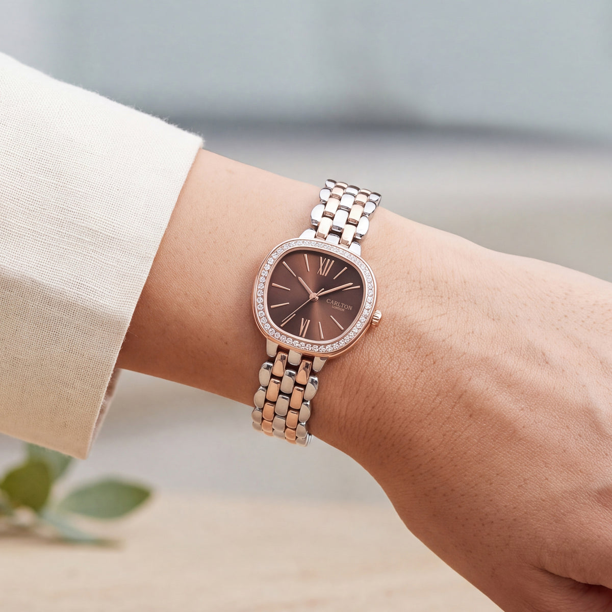Carlton London Maisie Women’s Watch - Brown Rectangle Dial, Dual Tone Stainless Steel Strap - MSDTBRN