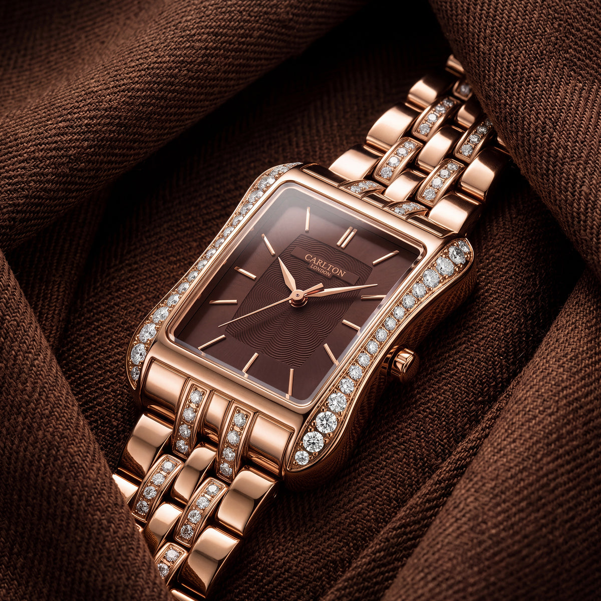 Carlton London Vivienne Women’s Watch - Brown Rectangle Dial, Rose Gold Stainless Steel Strap - CLVVRBRN