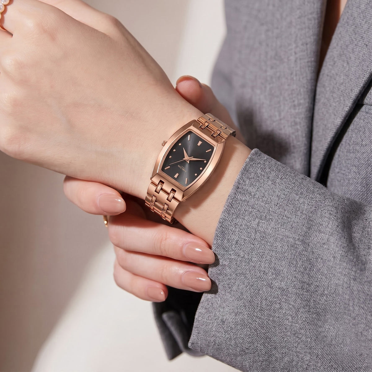 Carlton London Catherine Women’s Watch - Black Rectangle Dial, Rose Gold Stainless Steel Strap - CL-CT-RBLK