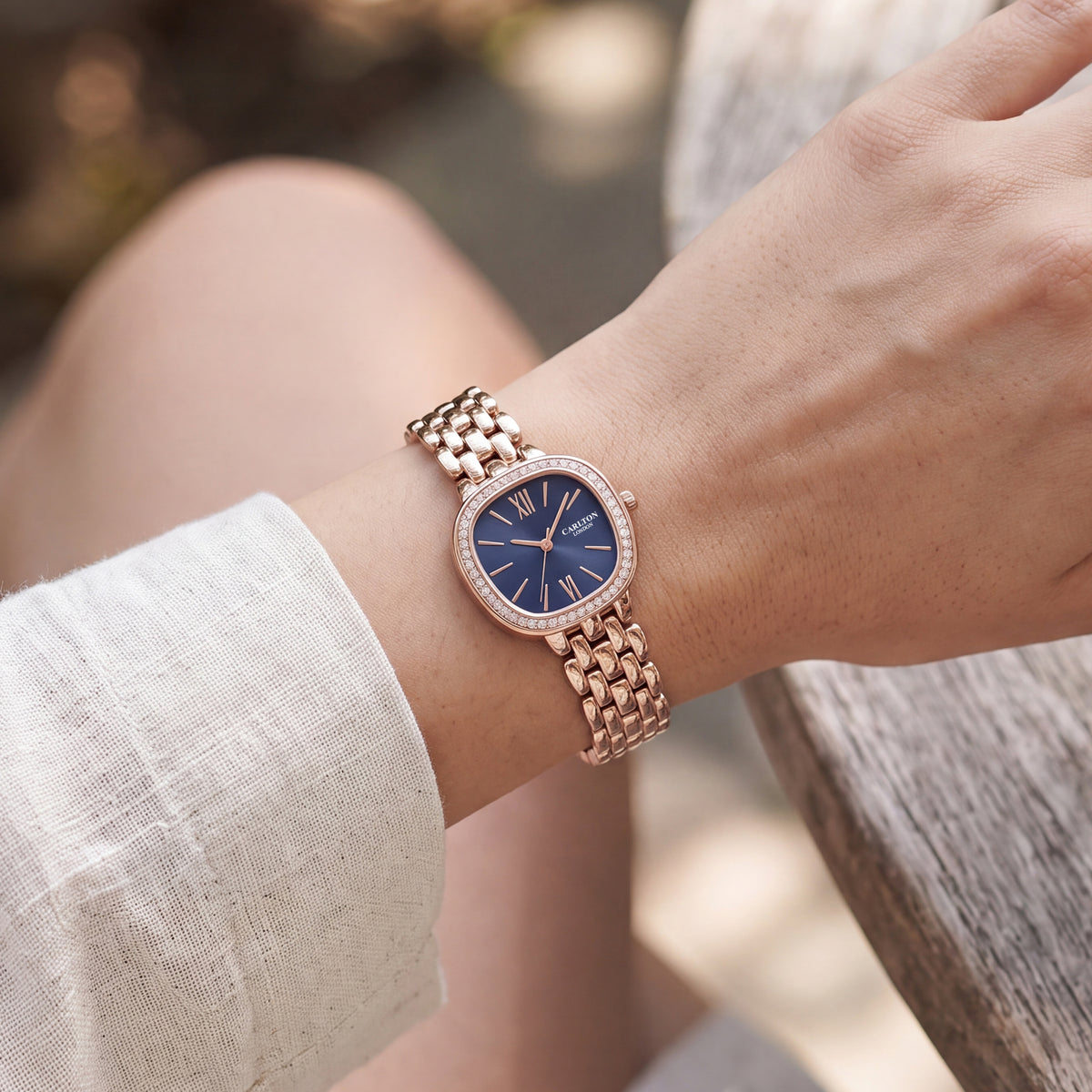 Carlton London Maisie Women’s Watch - Dark Blue Rectangle Dial, Rose Gold Stainless Steel Strap - MSRGBLU