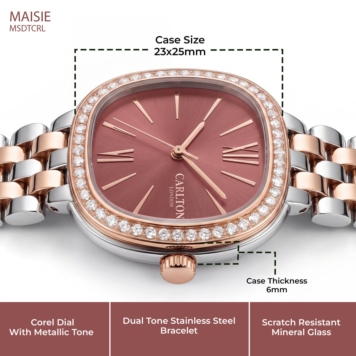 Carlton London Maisie Women’s Watch - Dark Coral Rectangle Dial, Dual Tone Stainless Steel Strap - MSDTCRL