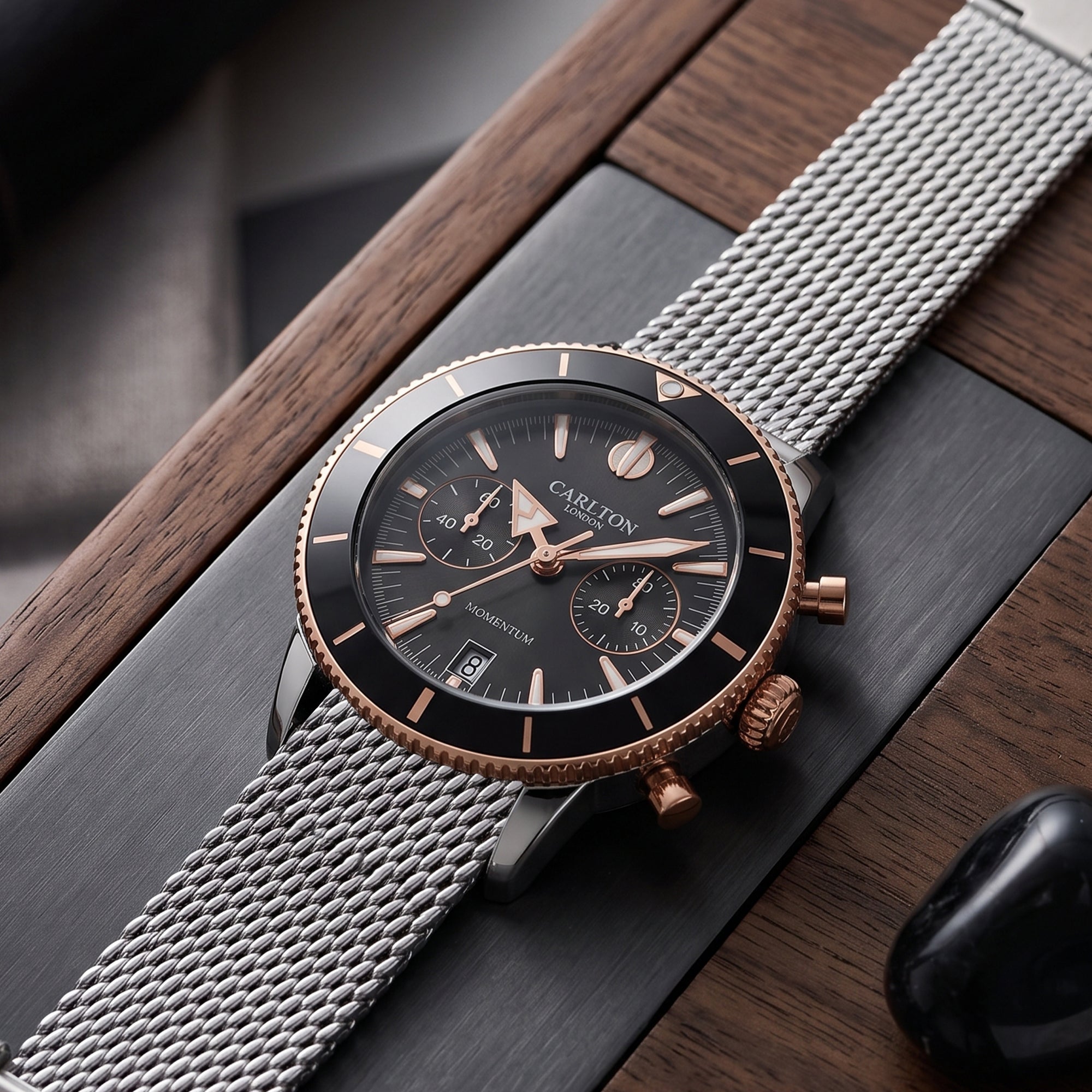 Carlton London Momentum Men’s Watch – Black Round Dial, Silver Stainless Steel Strap – CL-MT-BLK