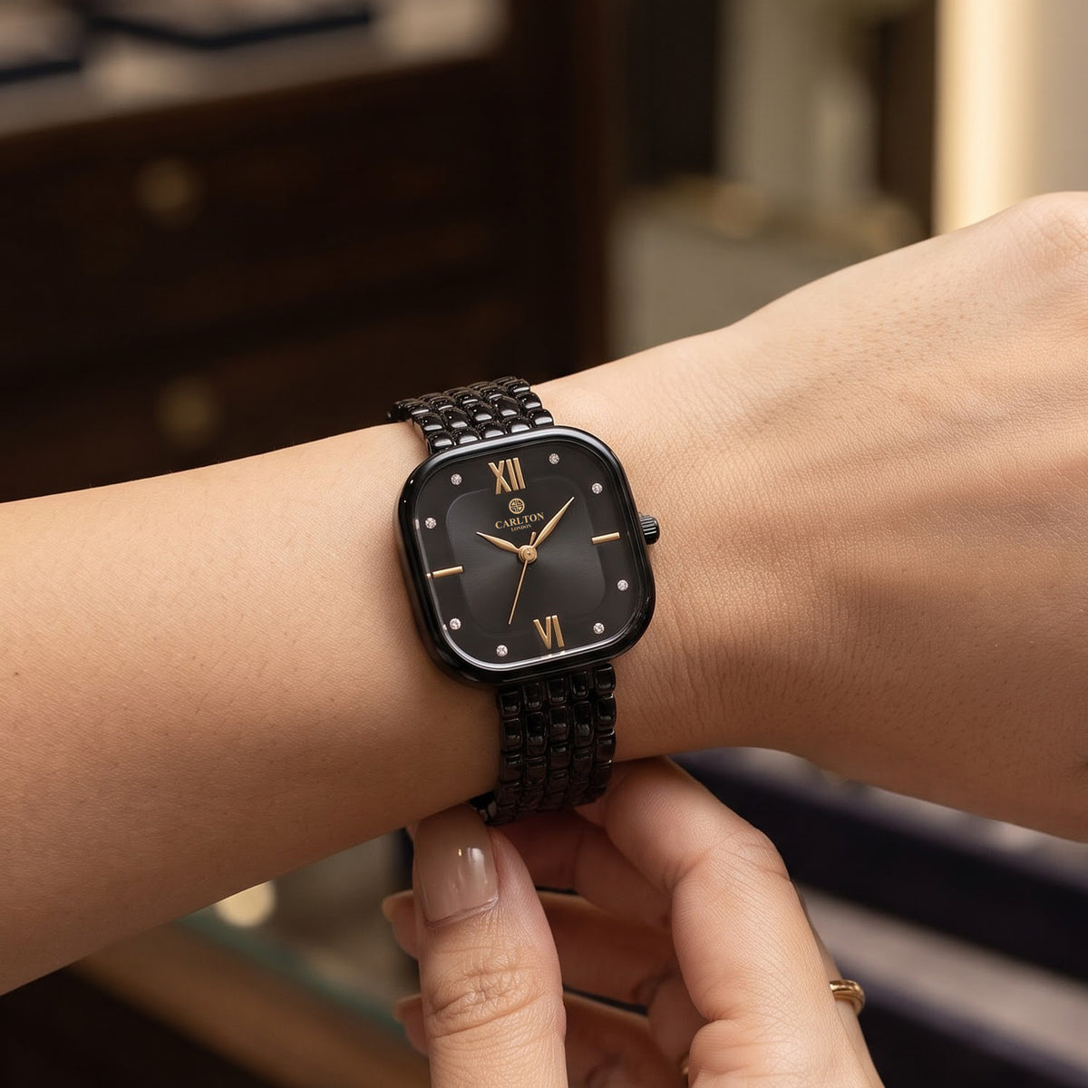 Carlton London Chelsea Women’s Watch Black Square Dial, Black Stainless Steel Strap – CLSSCBLK