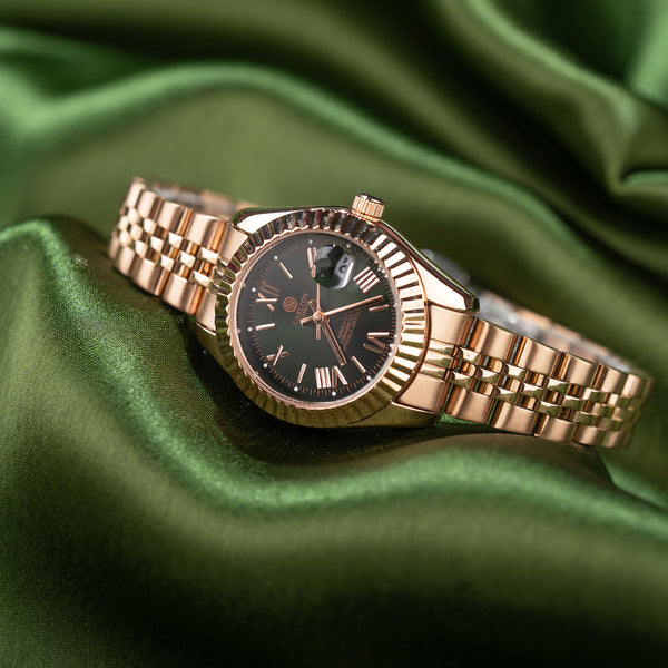 Harper: Mini Green/ Rose Gold Stainless Steel Women Analog Watch - CLRLW-001