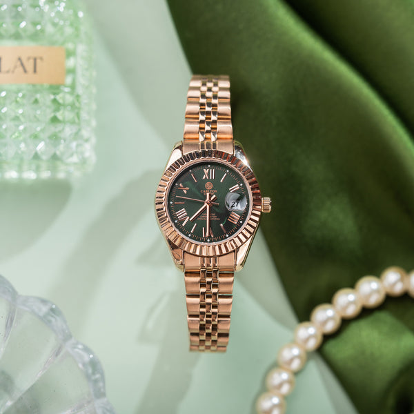 Harper: Mini Green/ Rose Gold Stainless Steel Women Analog Watch - CLRLW-001