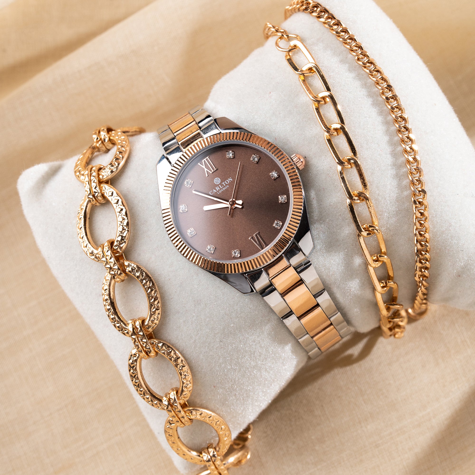 Women Gift set Of Brown Dial Watch + 3  Bracelets