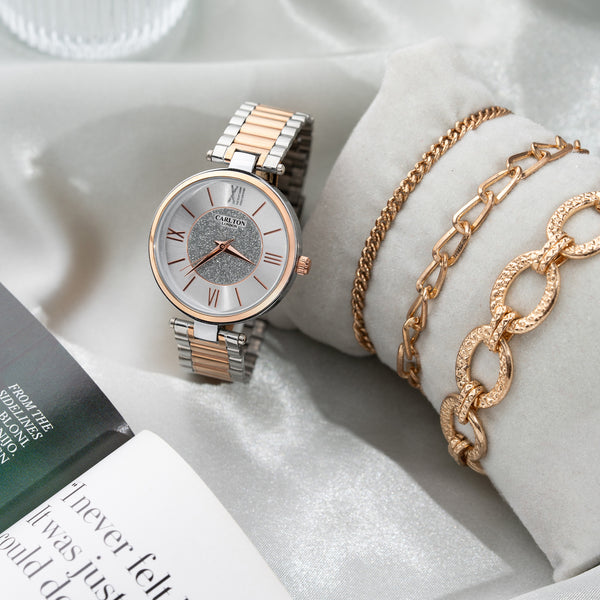 Women Gift Set Of 4 Silver Dial Watch + 3  Bracelets