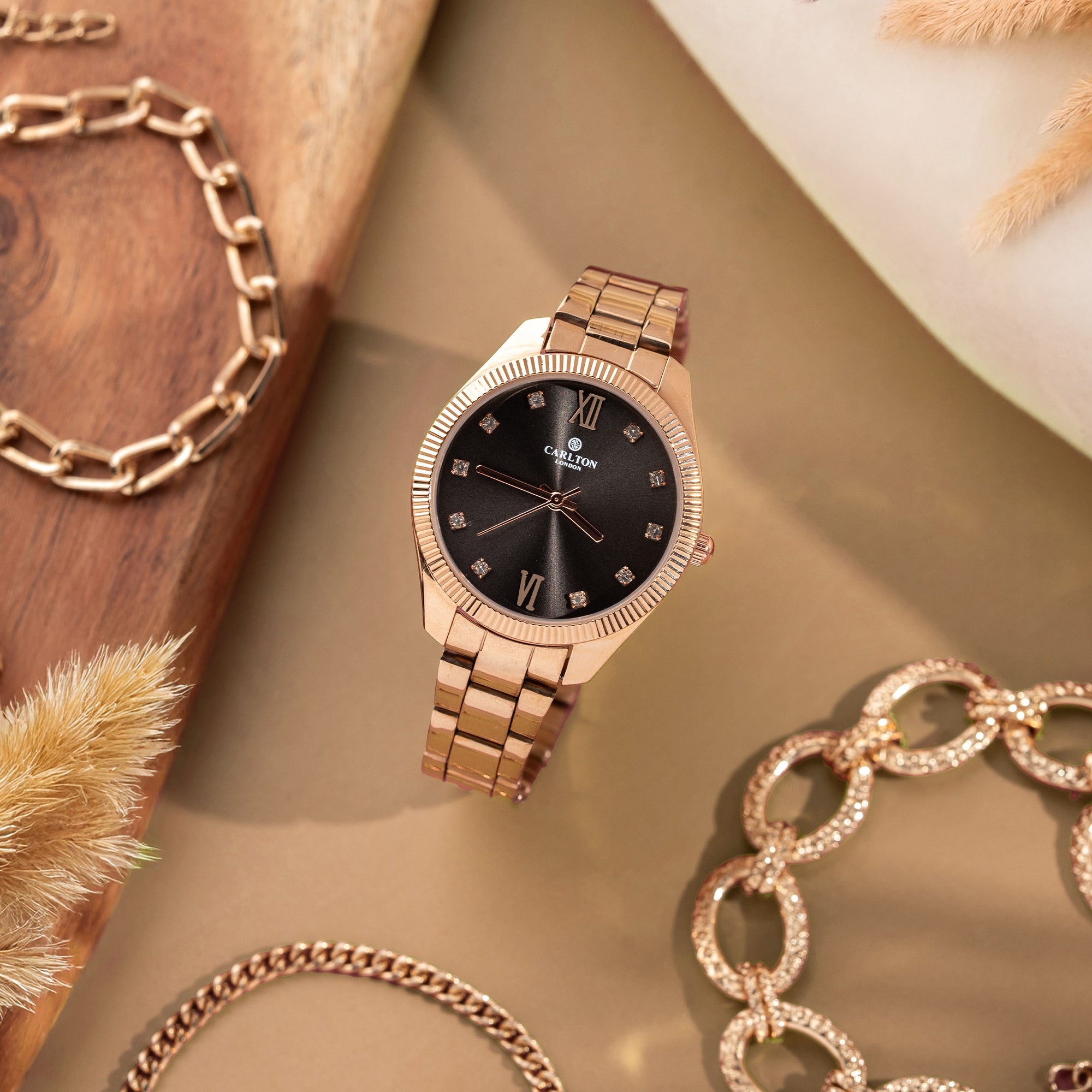 Women Gift Set 4 Of Black Dial Watch + 3  Bracelets - CLPLG075