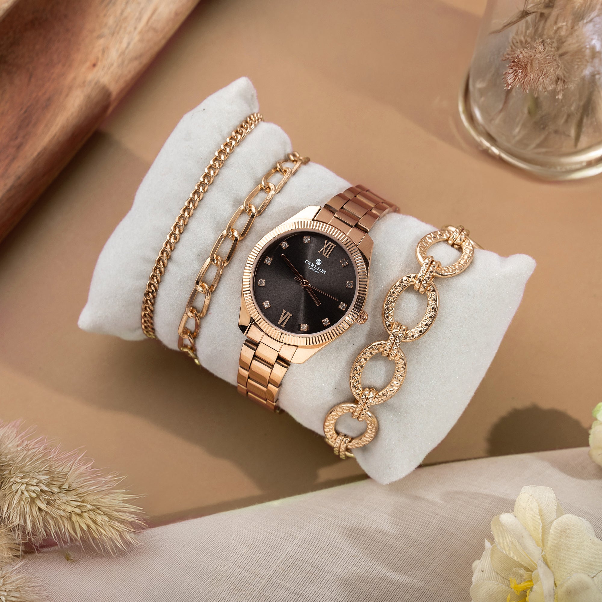 Women Gift Set 4 Of Black Dial Watch + 3  Bracelets - CLPLG075