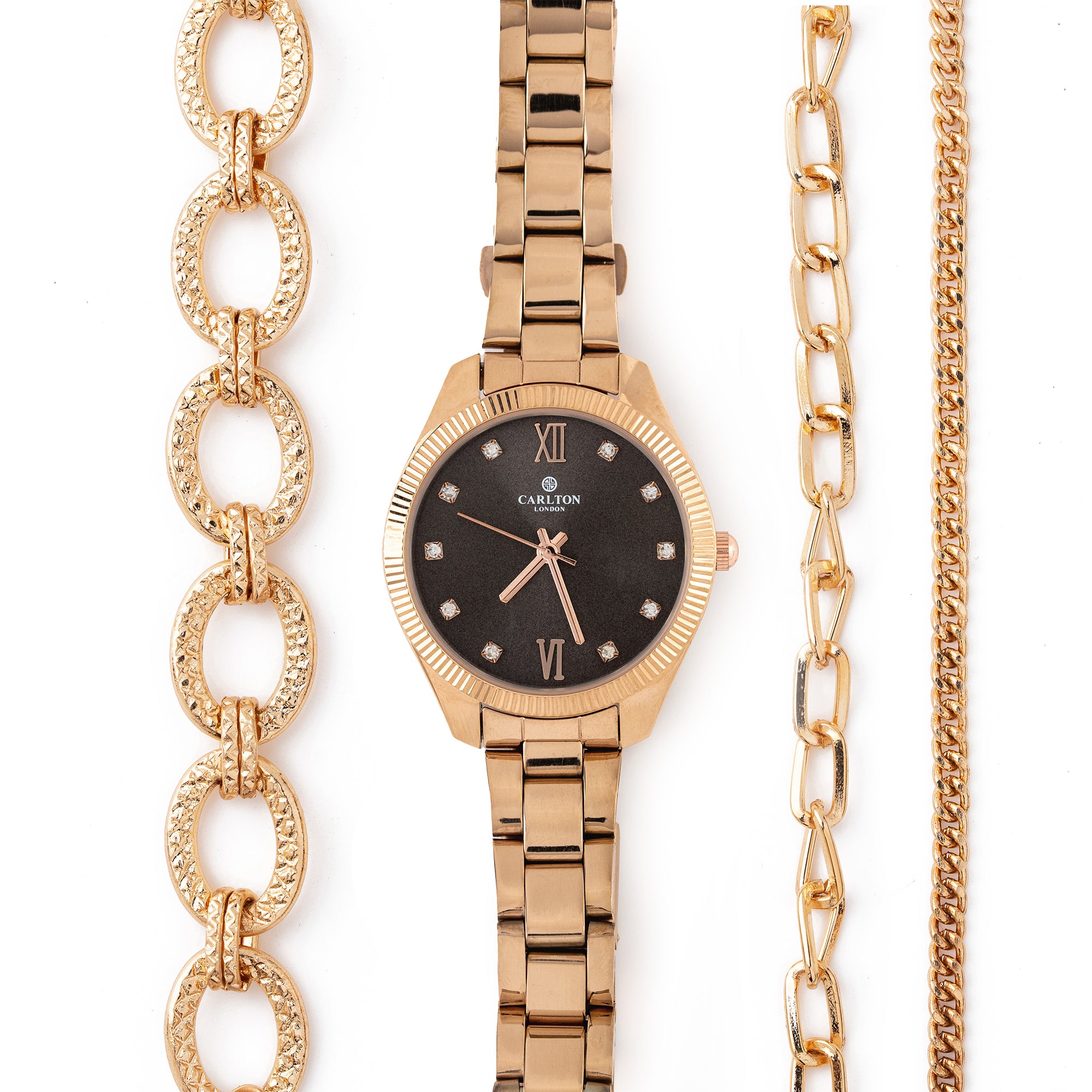 Women Gift Set 4 Of Black Dial Watch + 3  Bracelets - CLPLG075