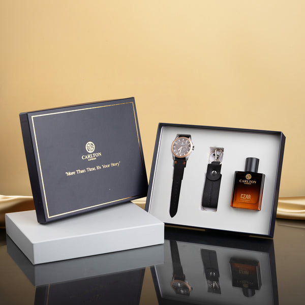 Men Gift Set of 3 Czar Perfume + Brown Dial Watch + Key Chain
