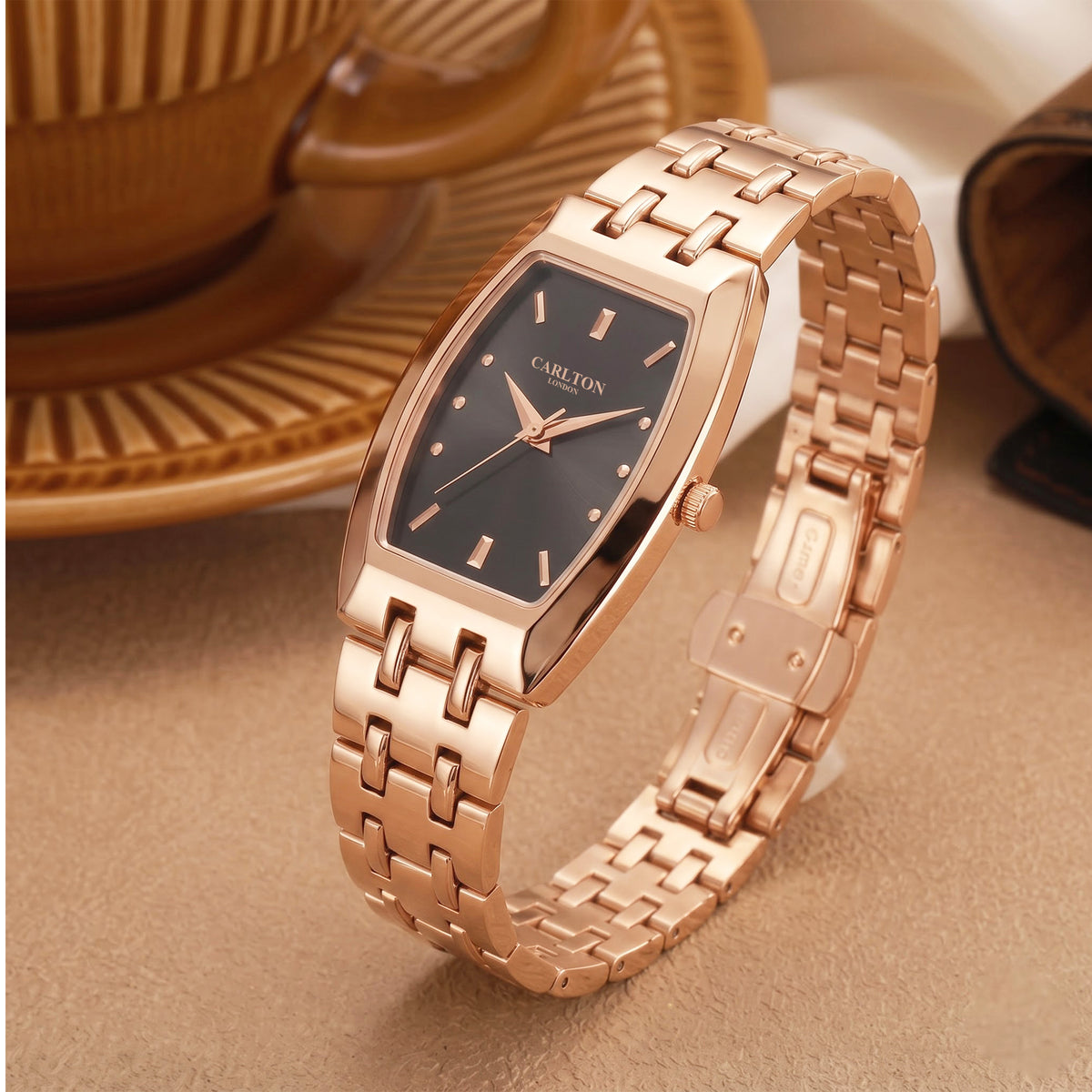 Carlton London Catherine Women’s Watch - Black Rectangle Dial, Rose Gold Stainless Steel Strap - CL-CT-RBLK