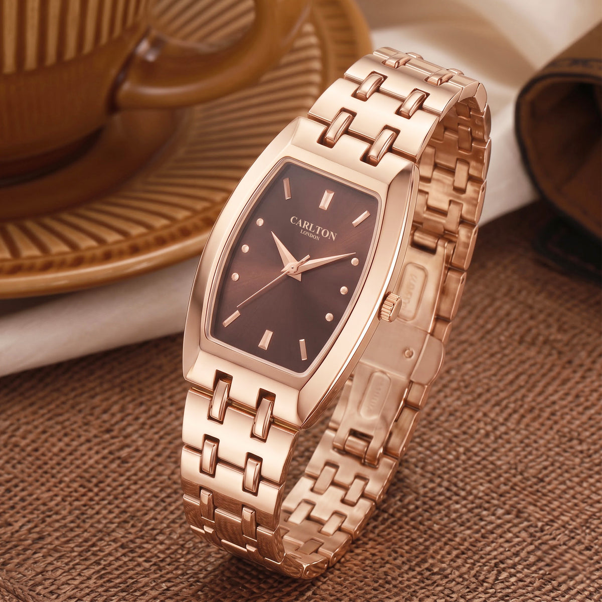 Carlton London Catherine Women’s Watch - Brown Rectangle Dial, Rose Gold Stainless Steel Strap - CL-CT-RBRN