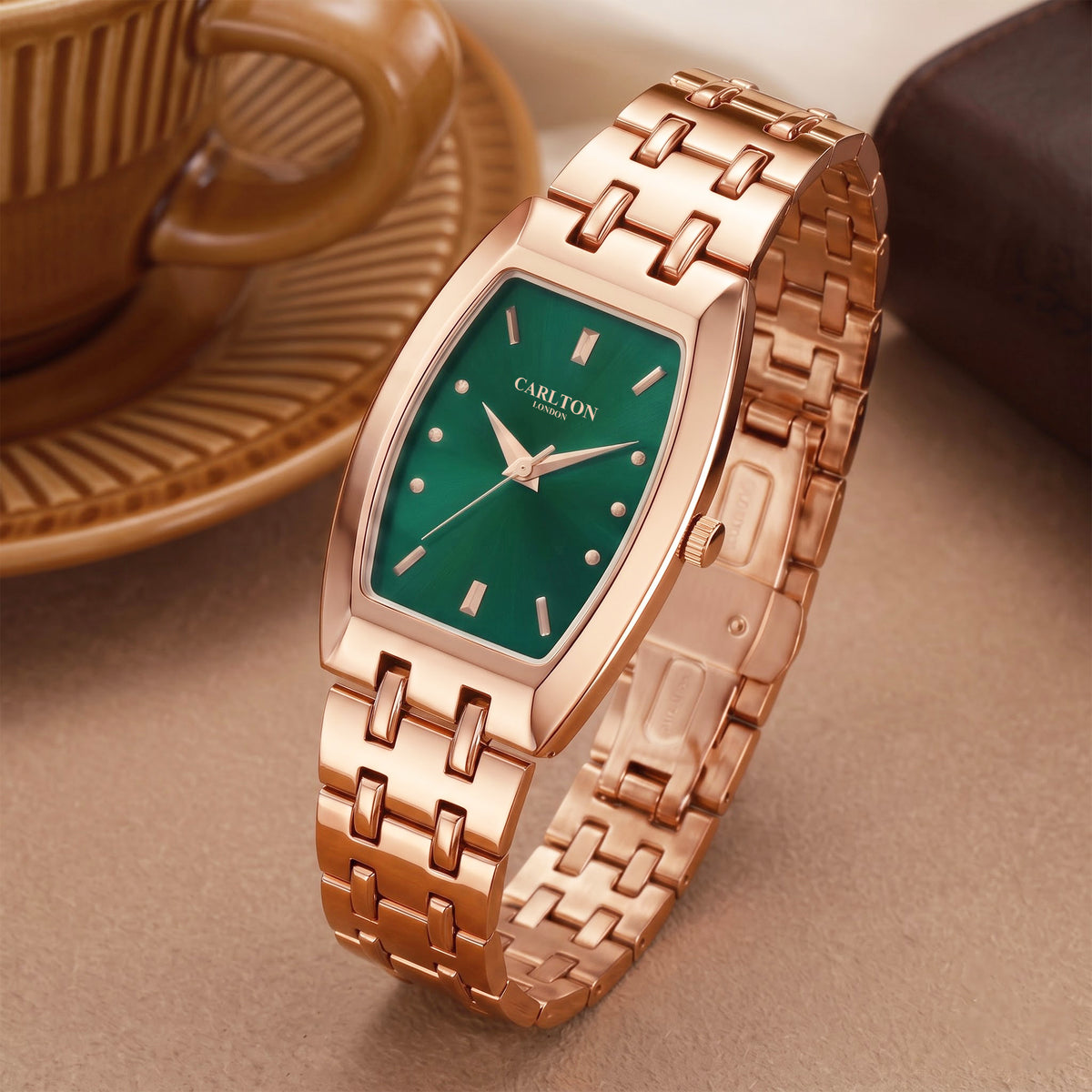 Carlton London Catherine Women’s Watch - Green Rectangle Dial, Rose Gold Stainless Steel Strap - CL-CT-RGRN