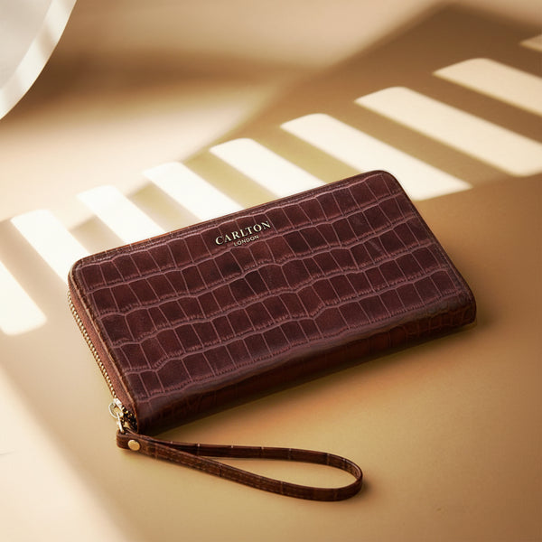 Carlton London Brown Croc Textured Zip Around Wallet With Detachable Wrist Strap - CLHB-28