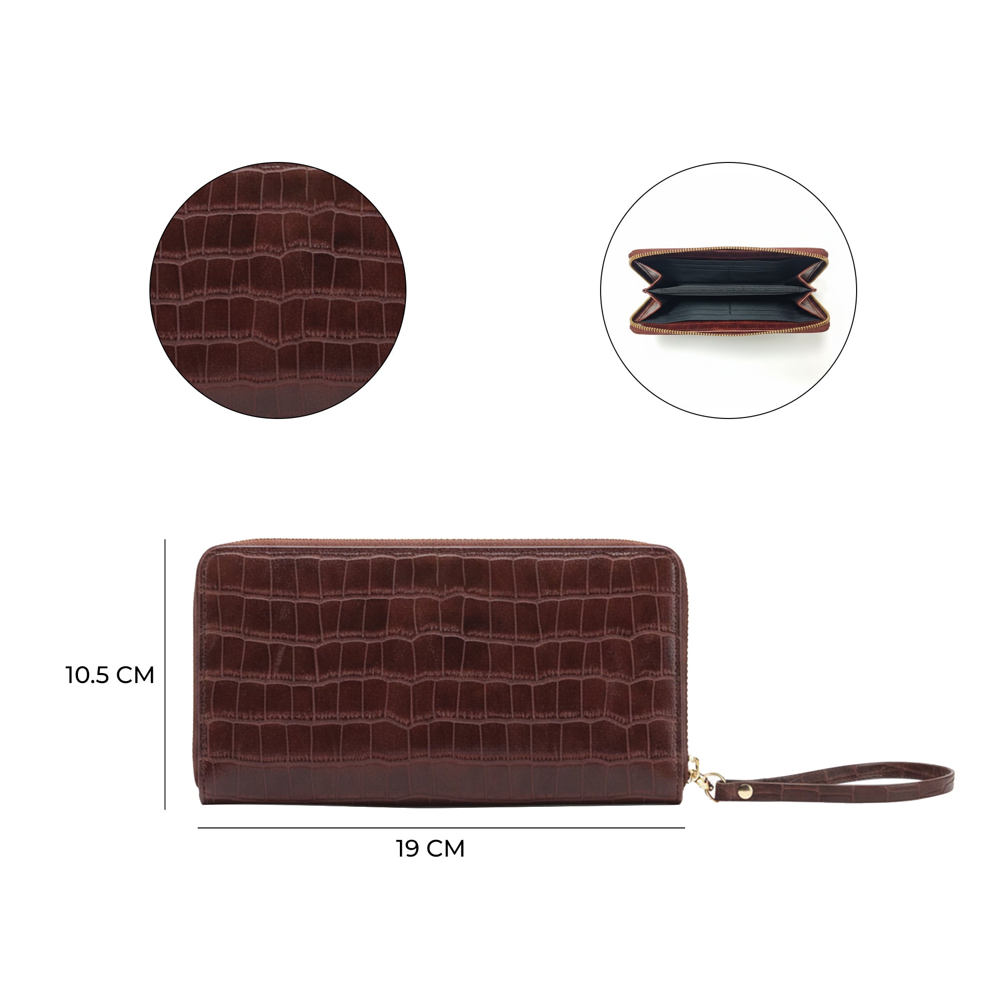 Carlton London Brown Croc Textured Zip Around Wallet With Detachable Wrist Strap - CLHB-28