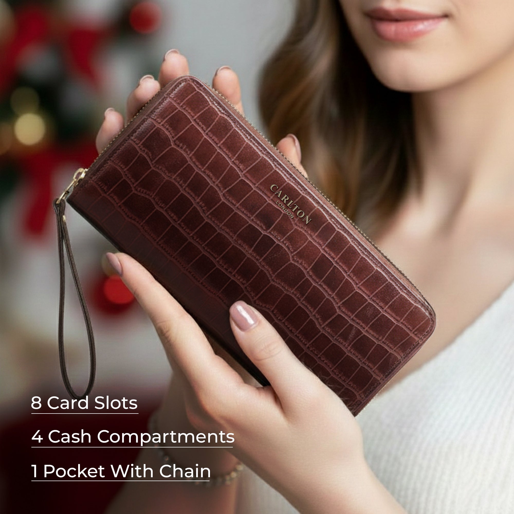 Carlton London Brown Croc Textured Zip Around Wallet With Detachable Wrist Strap - CLHB-28