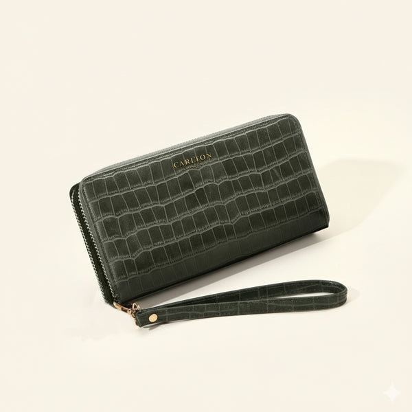 Carlton London Olive Croc Textured Zip Around Wallet With Detachable Wrist Strap - CLHB-29