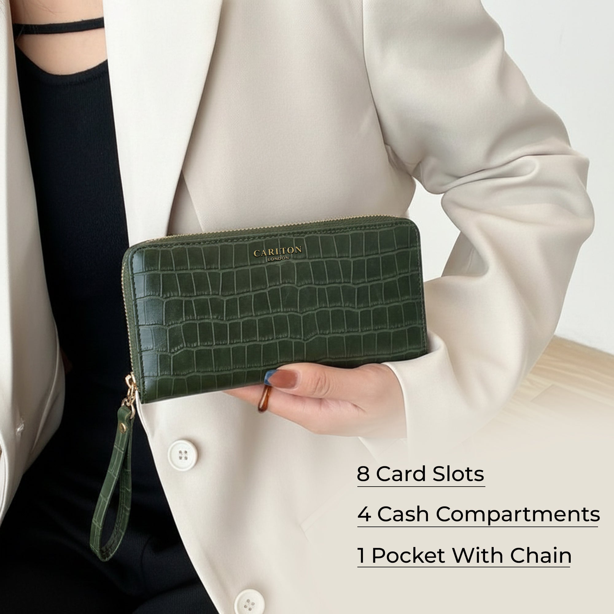 Carlton London Olive Croc Textured Zip Around Wallet With Detachable Wrist Strap - CLHB-29