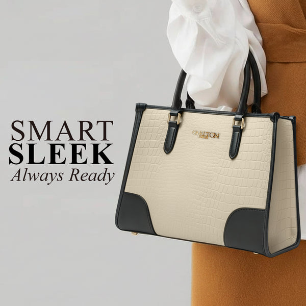 Carlton London Cream Black Croc Textured Structured Bag - CLLP-817 Cream Black