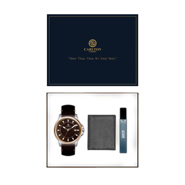 Men Gift Set of 3 Azure Perfume + Duke Brown Dial Watch + Card Holder