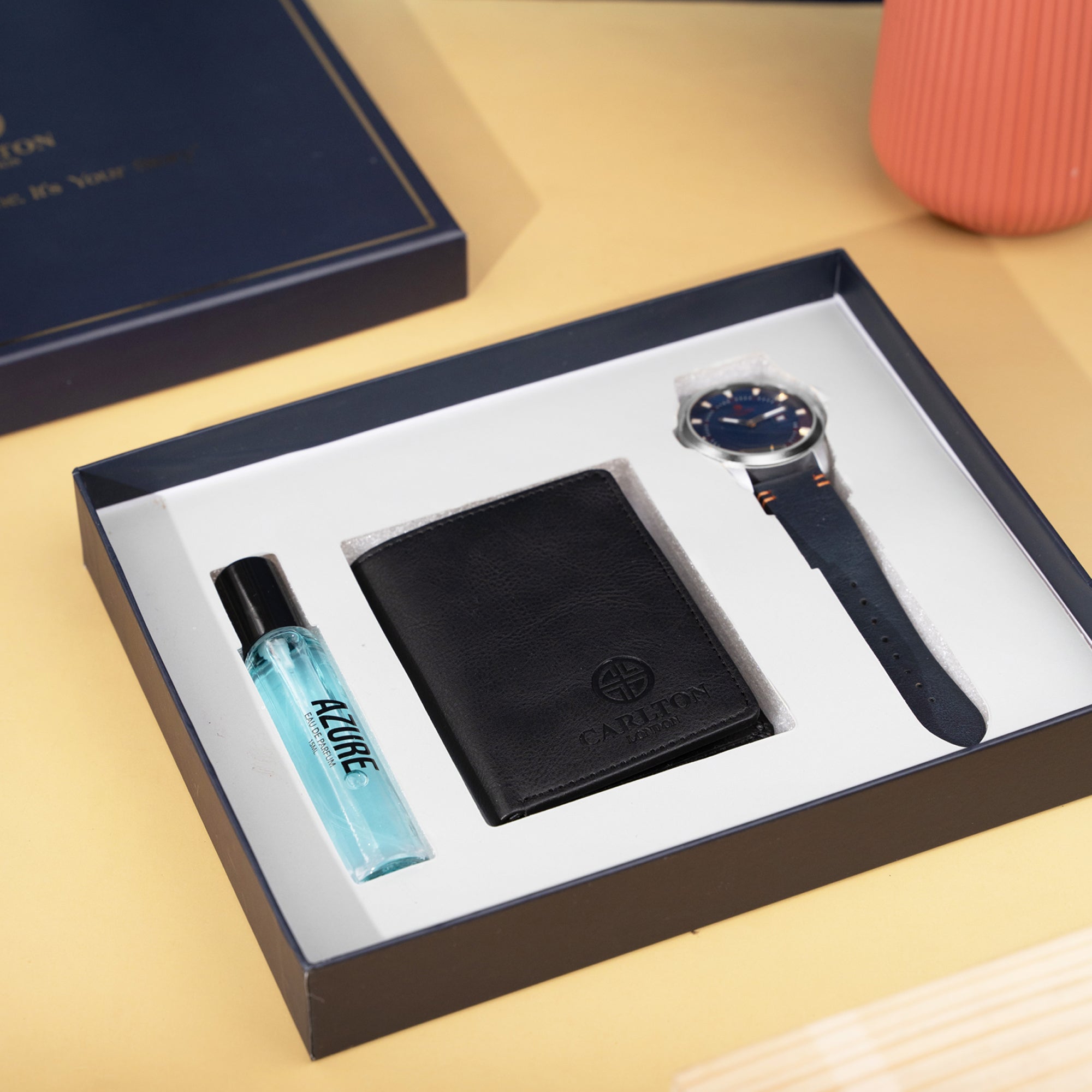 Men Gift Set of 3 Azure Perfume(15ml) + Watch + Card Holder