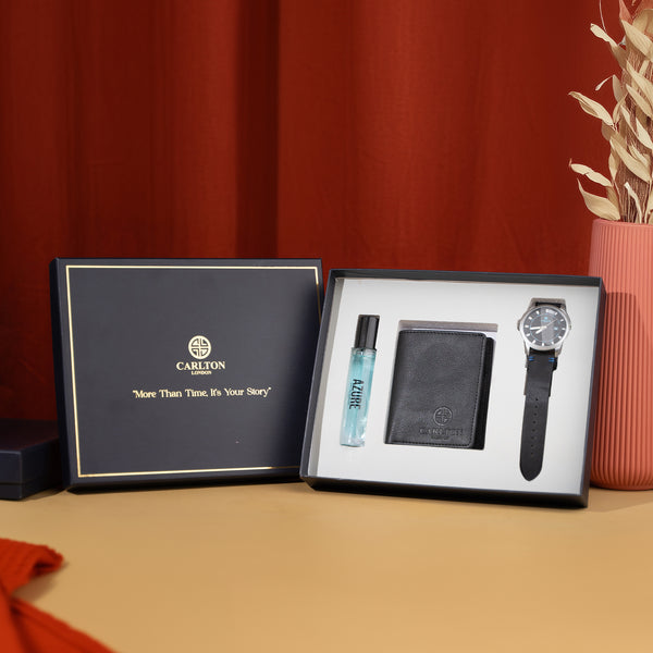 Men Gift Set of 3 Azure Perfume(15ml) Black Dial Watch + Card Holder