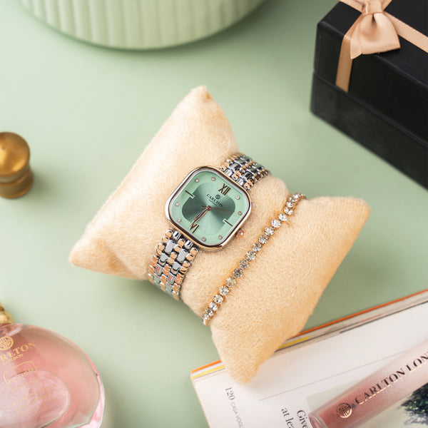 Women Gift (Set of 2) - Chelsea Mint Green Analog Watch + Tennis Bracelet