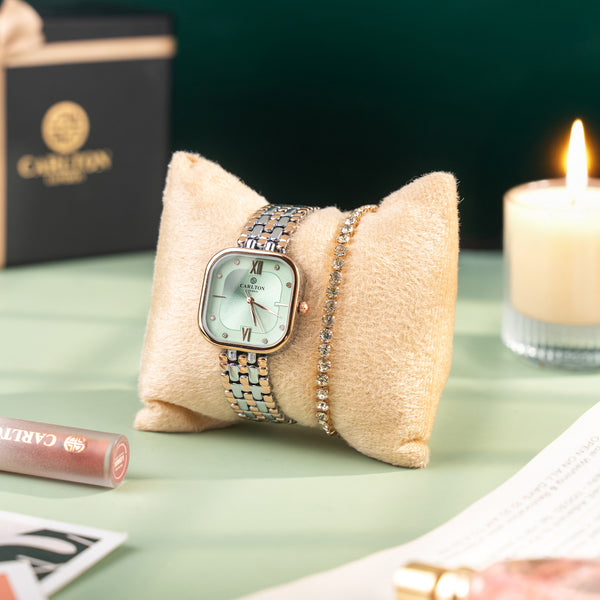 Women Gift (Set of 2) - Chelsea Mint Green Analog Watch + Tennis Bracelet