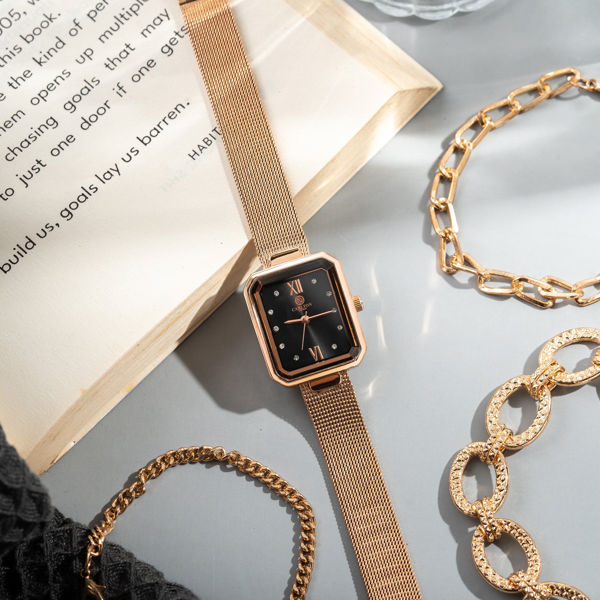 Women Gift set Of 4 Black Dial Watch + 3  Bracelets - CLPLG078