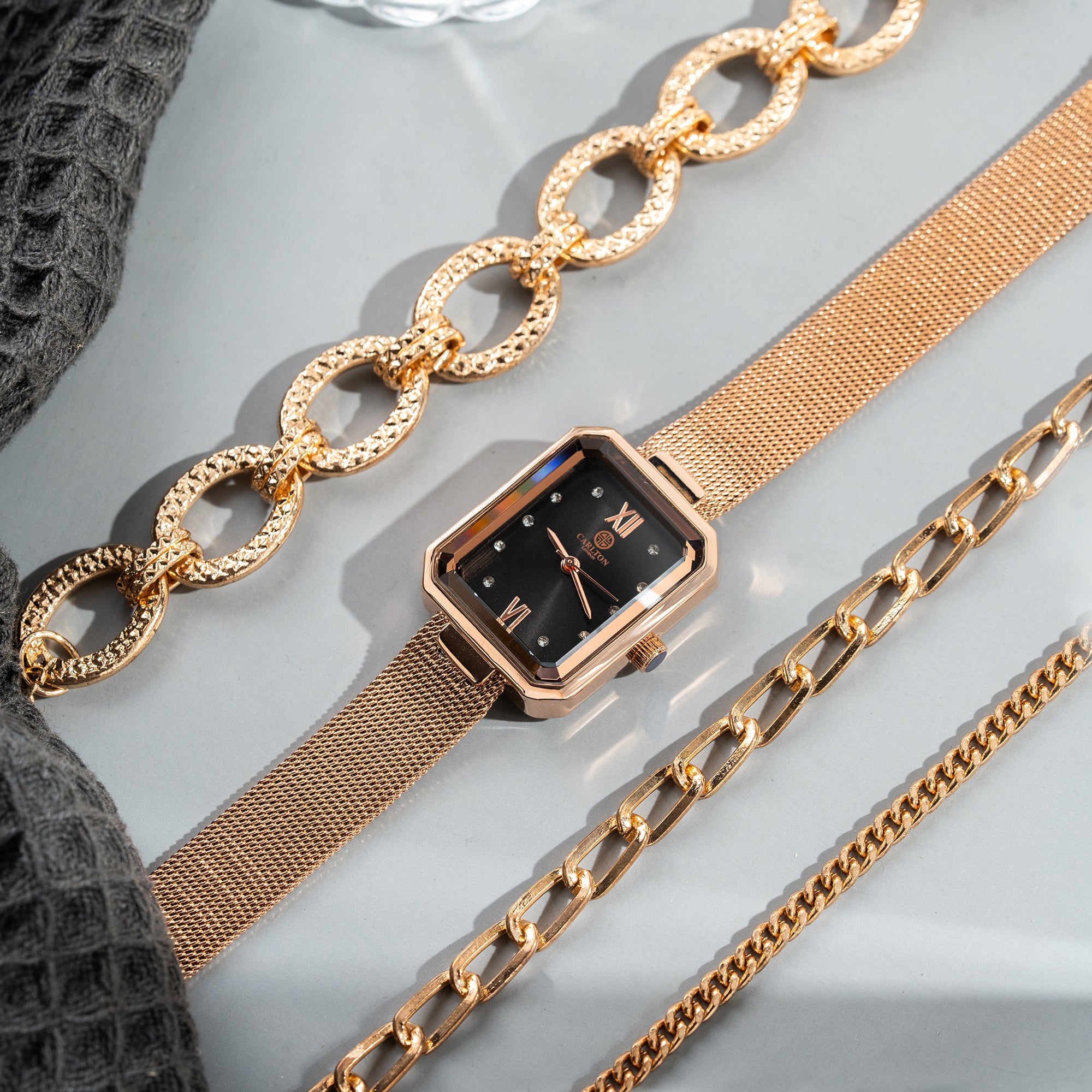 Women Gift set Of 4 Black Dial Watch + 3  Bracelets - CLPLG078