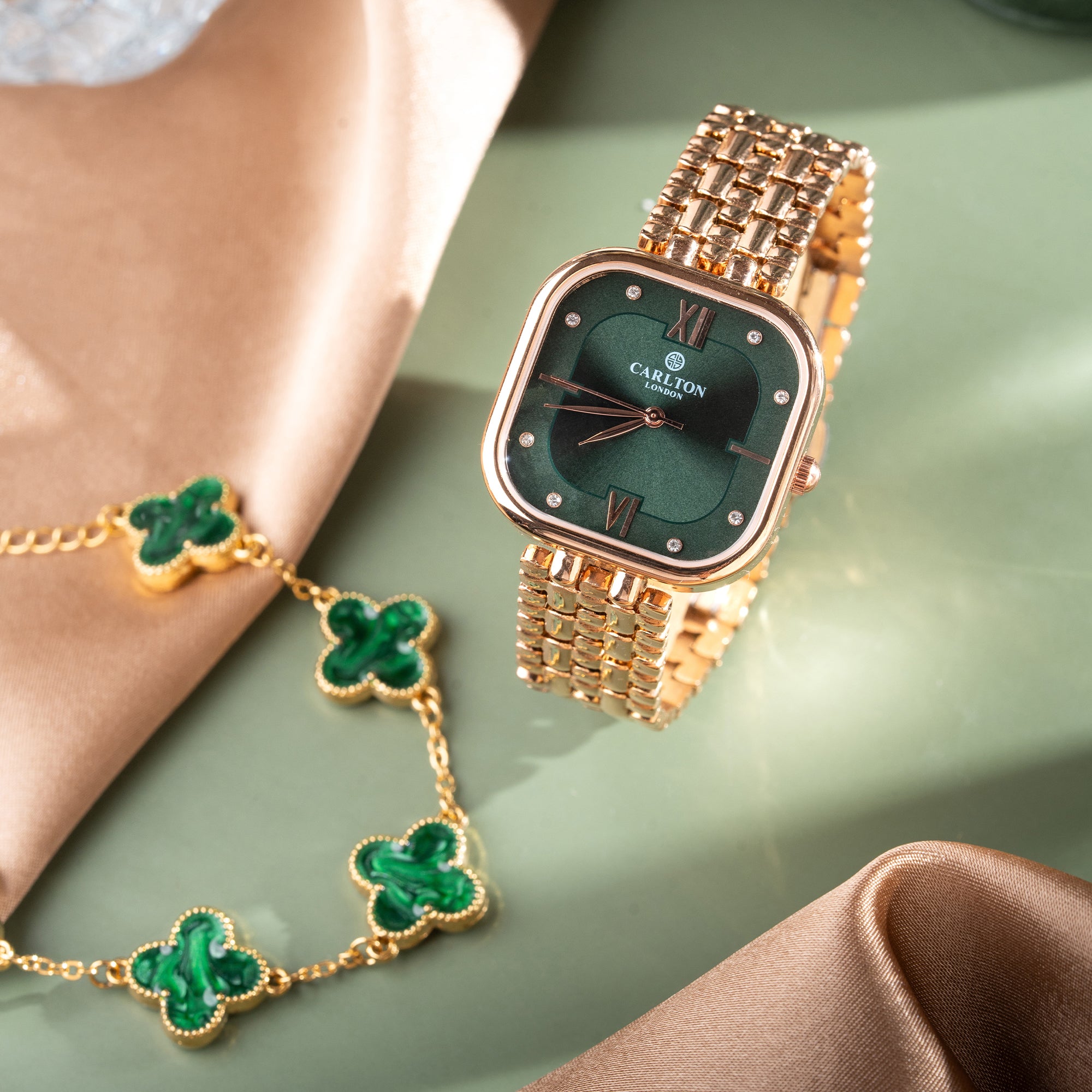 Women Gift 2 - Rose Gold/Green Chelsea Watch + Bracelet - CLPLG053