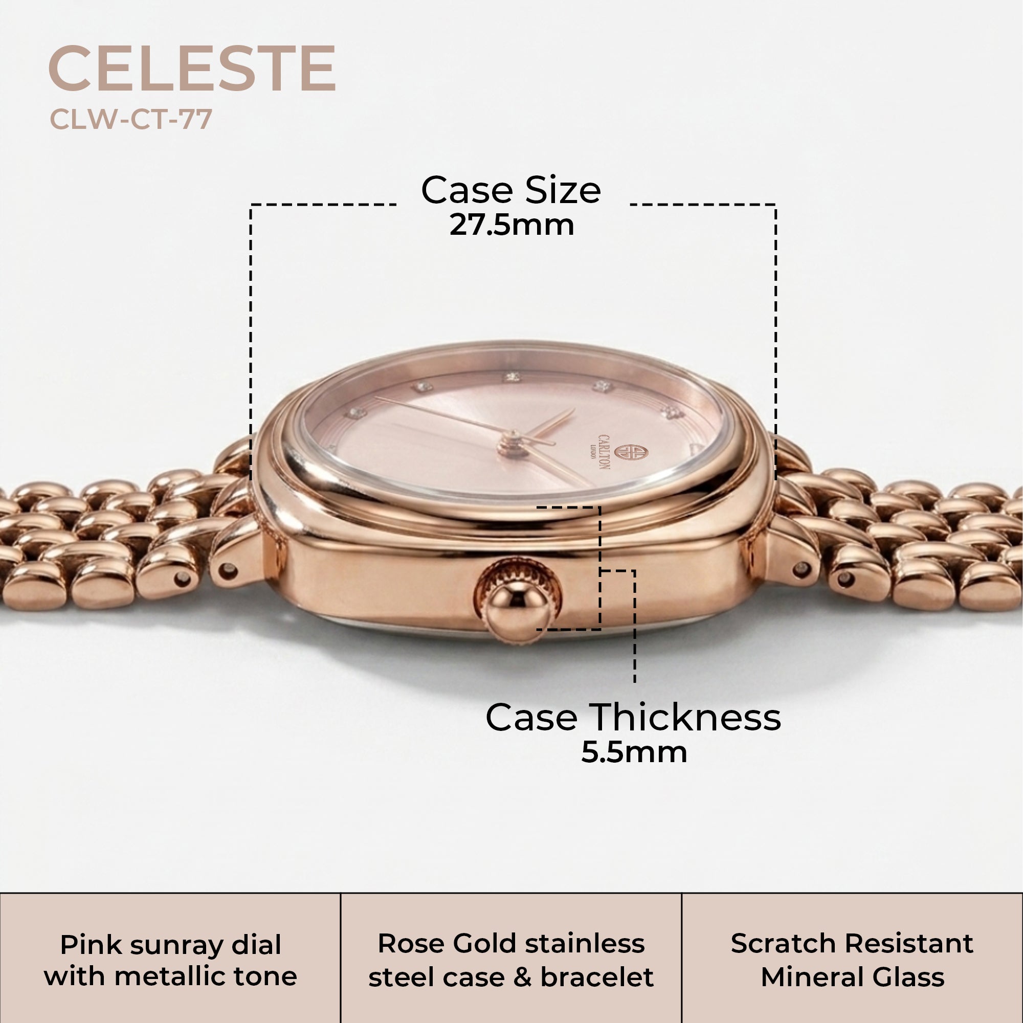 Carlton London Celeste Women’s Watch – Pink Square Dial, Rose Gold Strap – CLW-CT-77