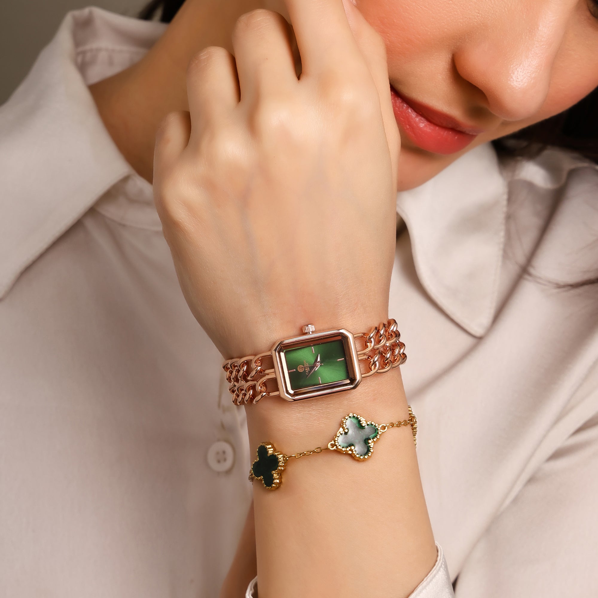 Women Gift Set Of 2 Victoria Green Dial Watch + Bracelet