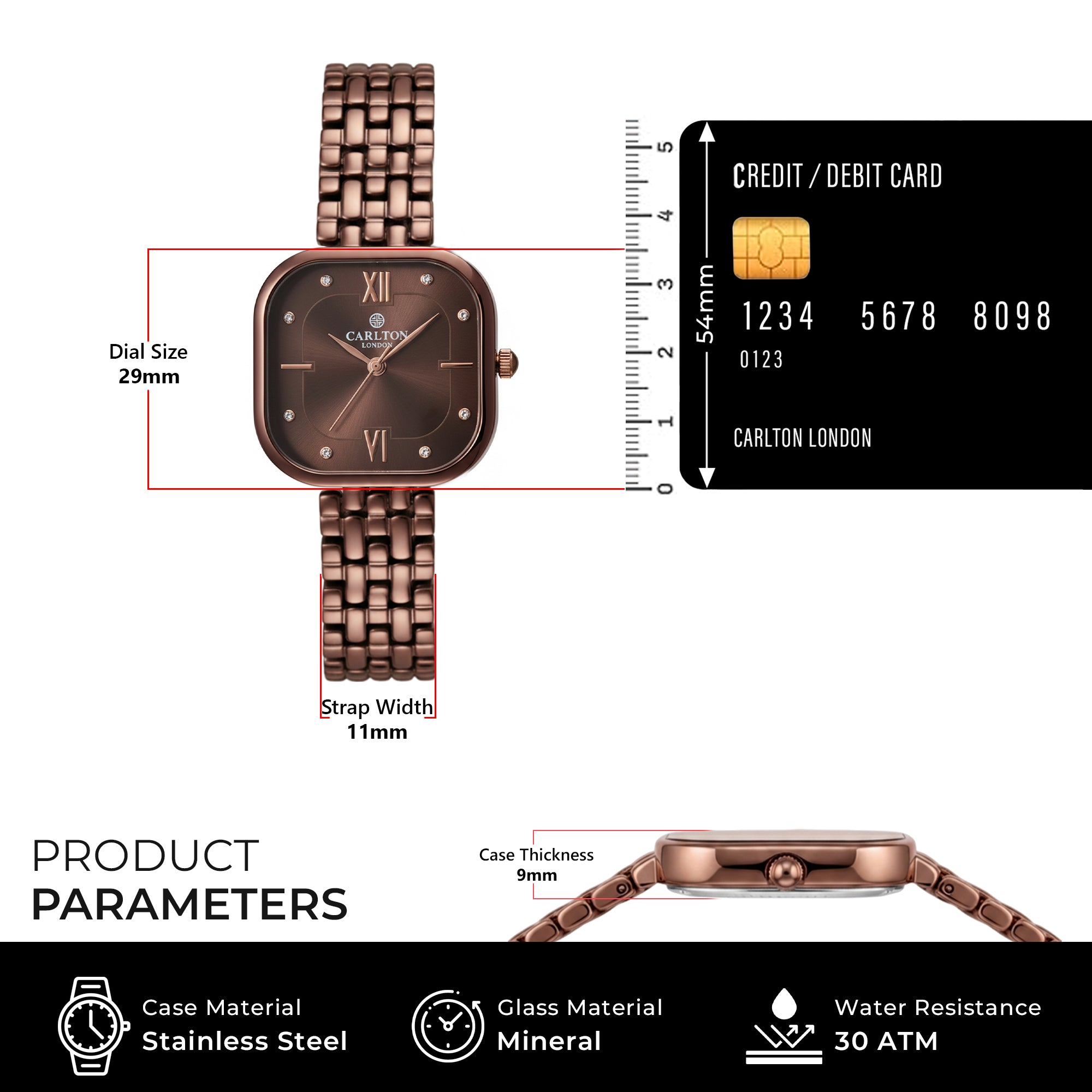Carlton London Chelsea Women’s Watch – Brown Square Dial, Brown Strap – CLSSCBRN