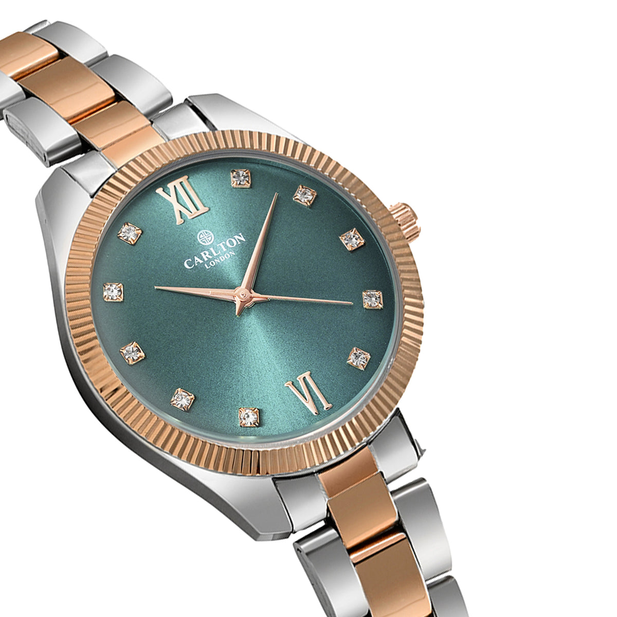 Carlton London Harper Vintage Women’s Watch, Dark Green Round Dial, Silver-Toned Stainless Steel Strap - CLBRTDGRN