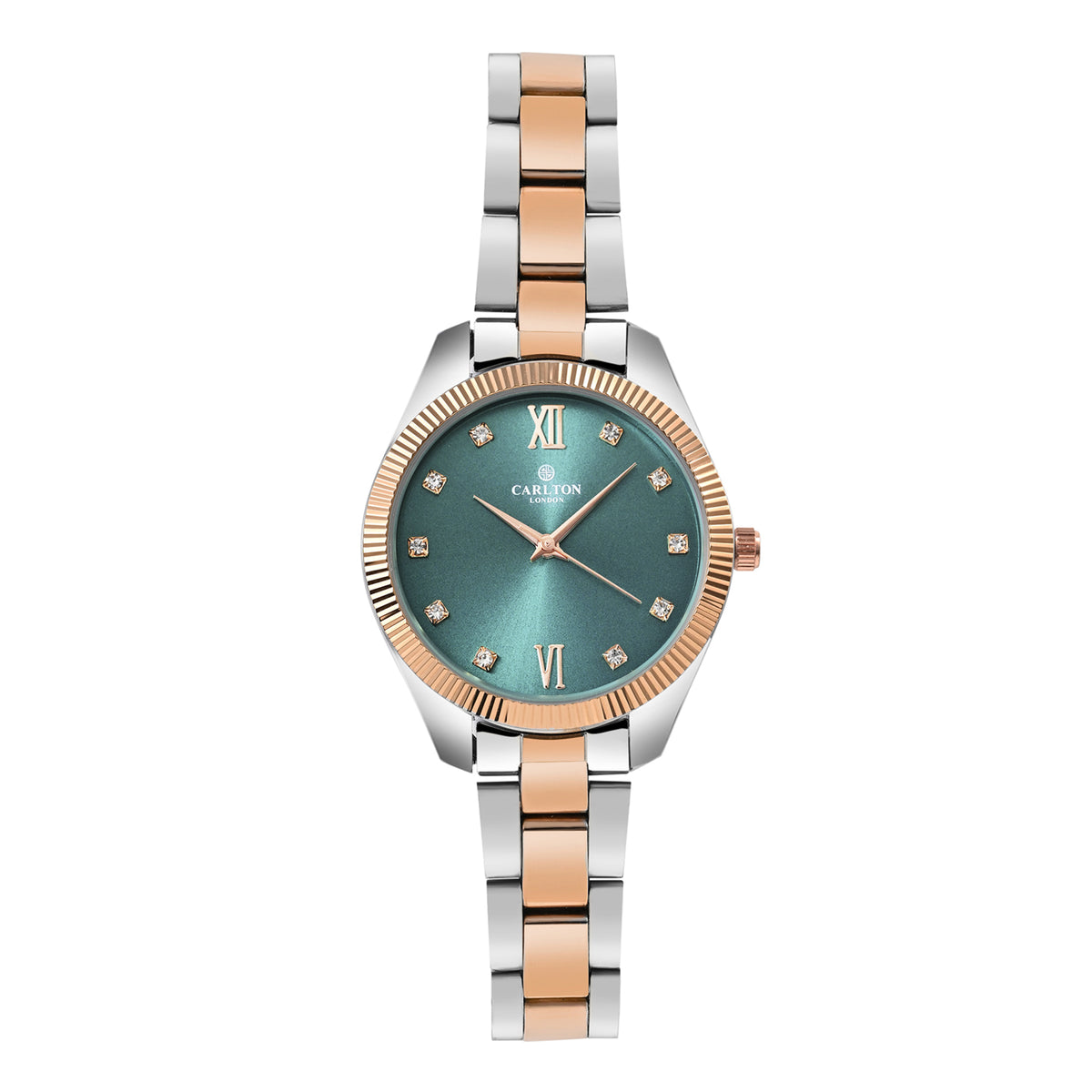 Carlton London Harper Vintage Women’s Watch, Dark Green Round Dial, Silver-Toned Stainless Steel Strap - CLBRTDGRN
