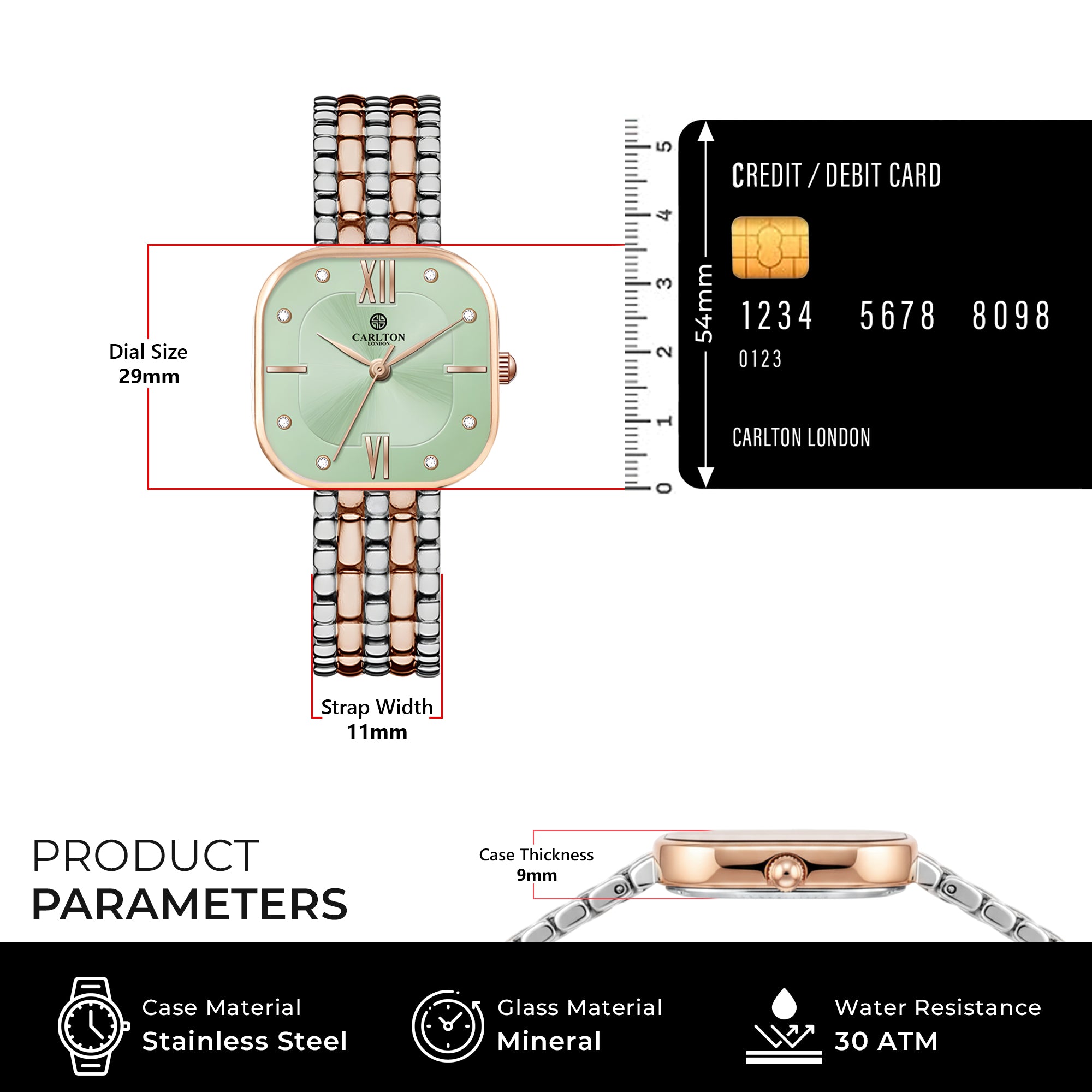 Carlton London Chelsea Women’s Watch – Mint Green Square Dial, Dual Tone Strap – CLSSCLGRN