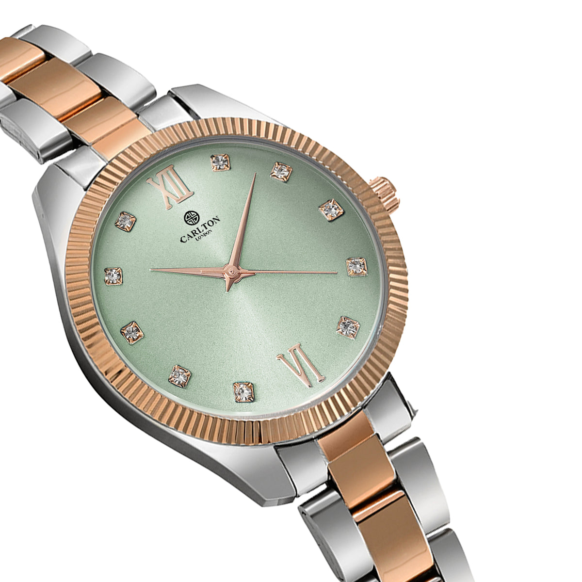 Carlton London Harper Vintage Women’s Watch, Green Round Dial, Silver-Toned Stainless Steel Strap - CLBRTGRN